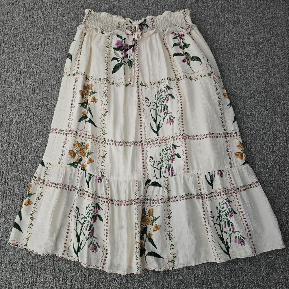 Botanical Patchwork Midi Skirt Womens Elastic Waist Cottagecore Prairie Boho M/L